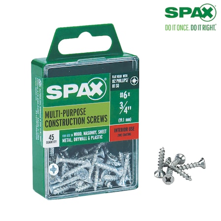 Spax Sheet Metal Screw, #6 x 3/4 in, Zinc Plated Steel Flat Head Square Drive 4101010350202